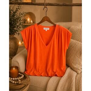Nation LTD Cooper Tank Orange V Neck Epaulet Top Rolled Sleeve Large Casual Chic
